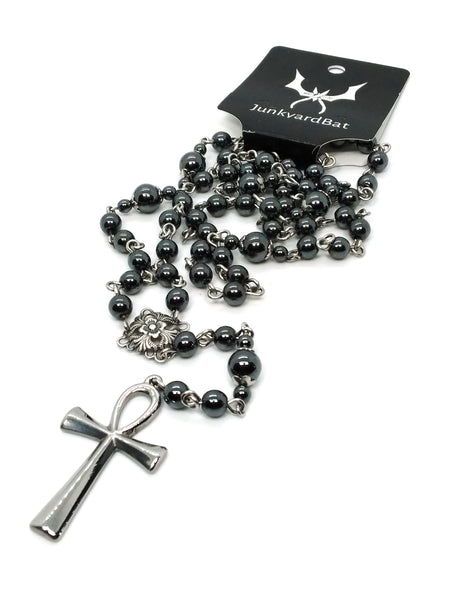 (Wholesale) Goth Rosary - Steel Ankh