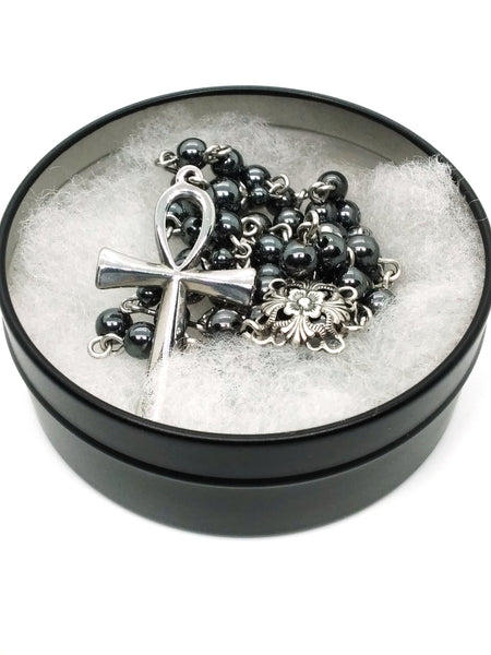 (Wholesale) Goth Rosary - Steel Ankh