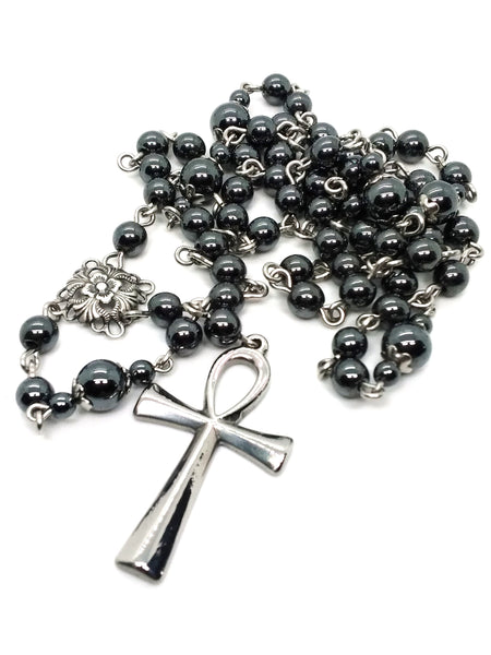 (Wholesale) Goth Rosary - Steel Ankh