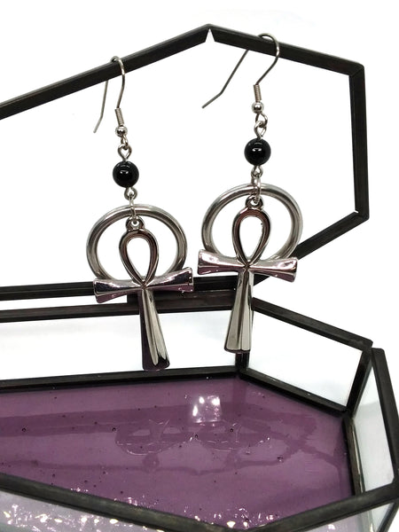 (Wholesale) Goth Earrings - Ankh and Ring