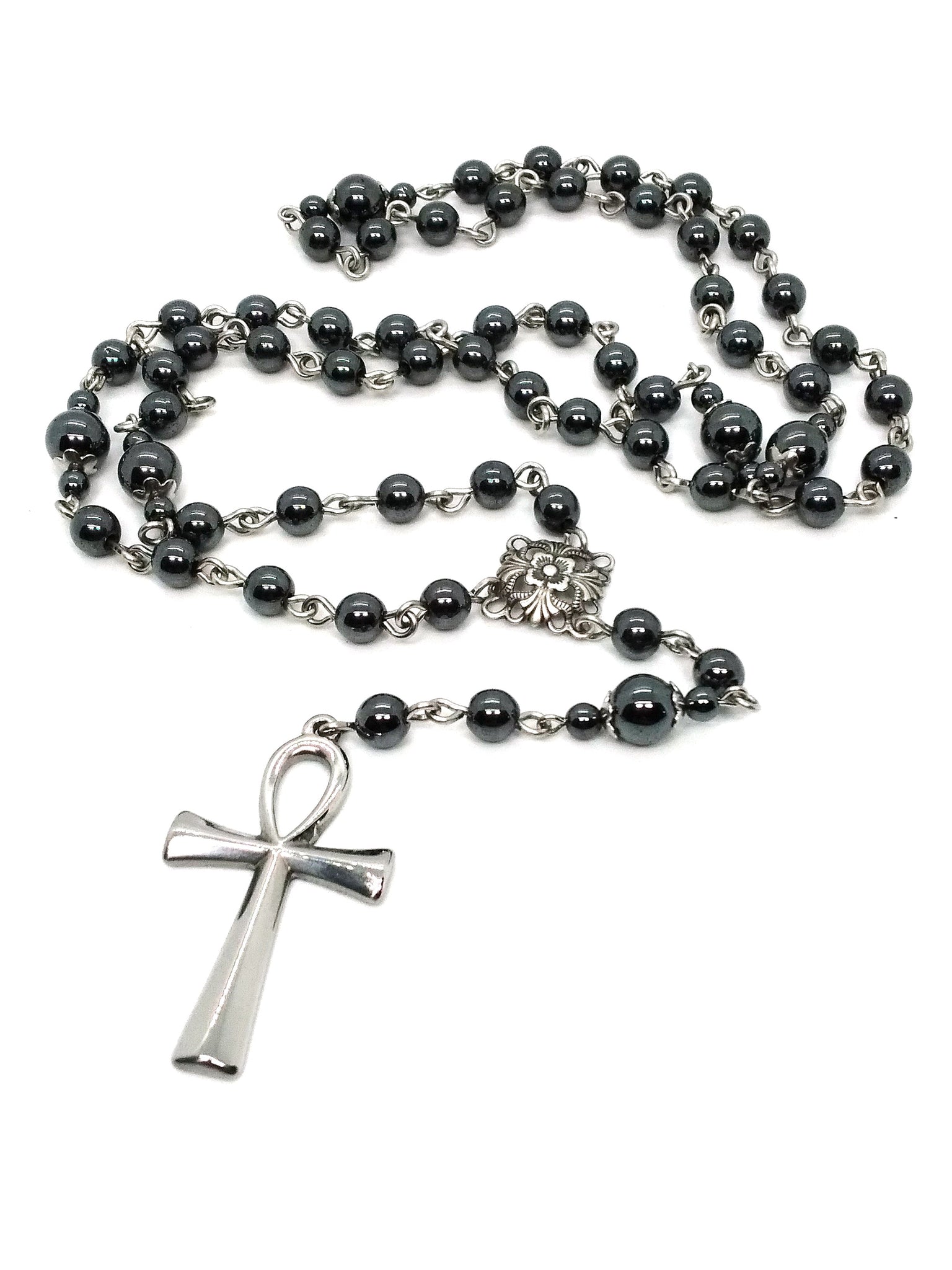 (Wholesale) Goth Rosary - Steel Ankh
