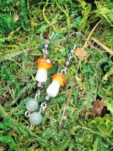 (Wholesale) Mushroom Earrings - Moss Agate