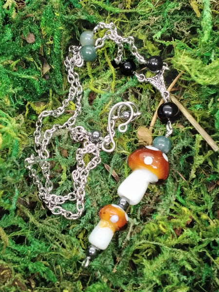 Mushroom Necklace - Moss Agate - Onyx