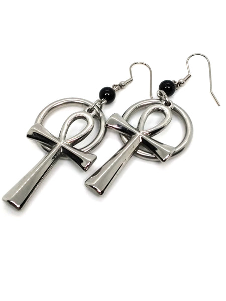 (Wholesale) Goth Earrings - Ankh and Ring