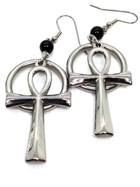 (Wholesale) Goth Earrings - Ankh and Ring